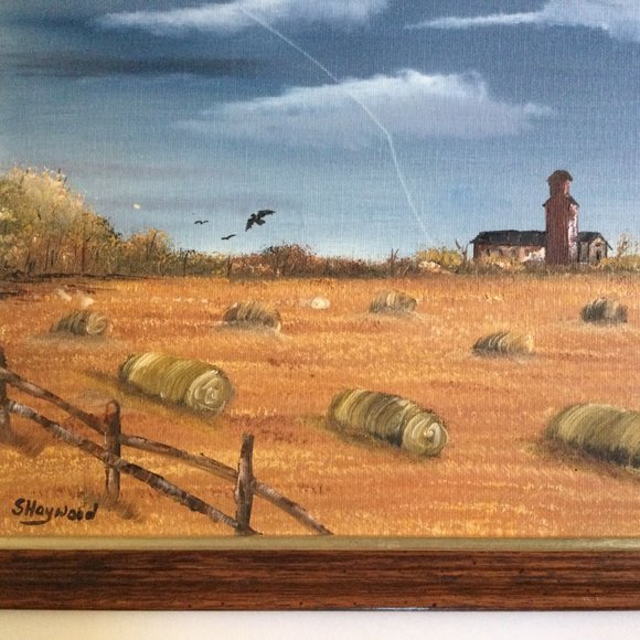 Elevator round Bales Wood frame oil painting farm scene Susan Haywood 2013 small - Picture 4 of 6